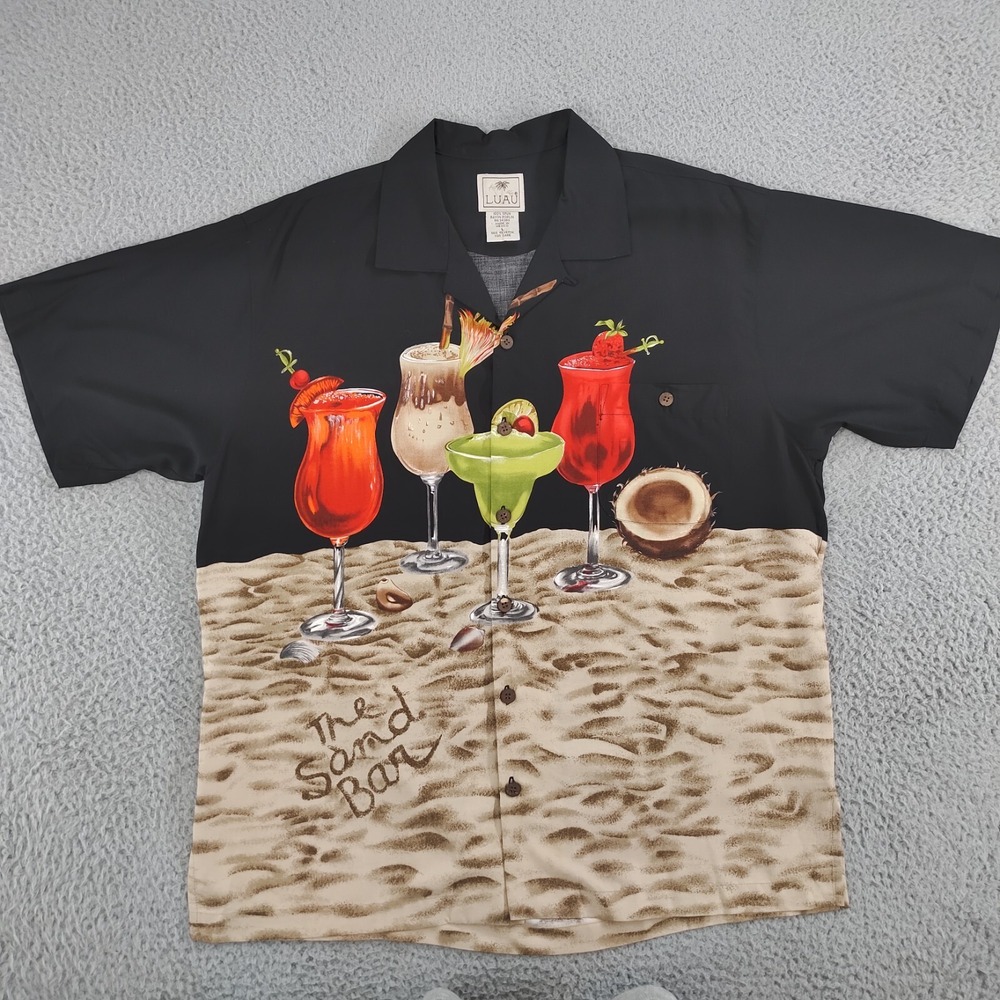 Luau Hawaiian Shirt Men Large Black Rayon Sand Bar Drink Martini Coconut Alcohol
